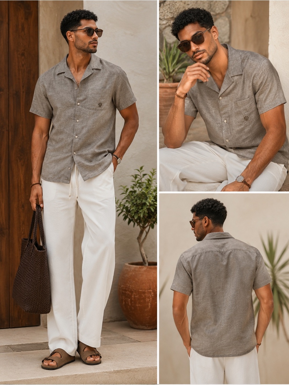 Hunter Men's Short Sleeve linen Button-Down Shirt in Heather Gray